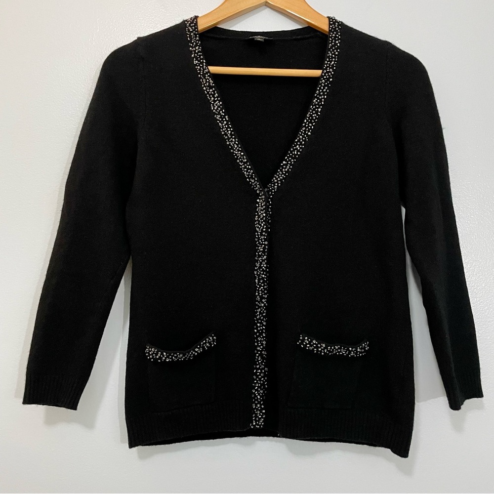 Talbots Black Lambswool Angora Bead Trimmed Cardigan